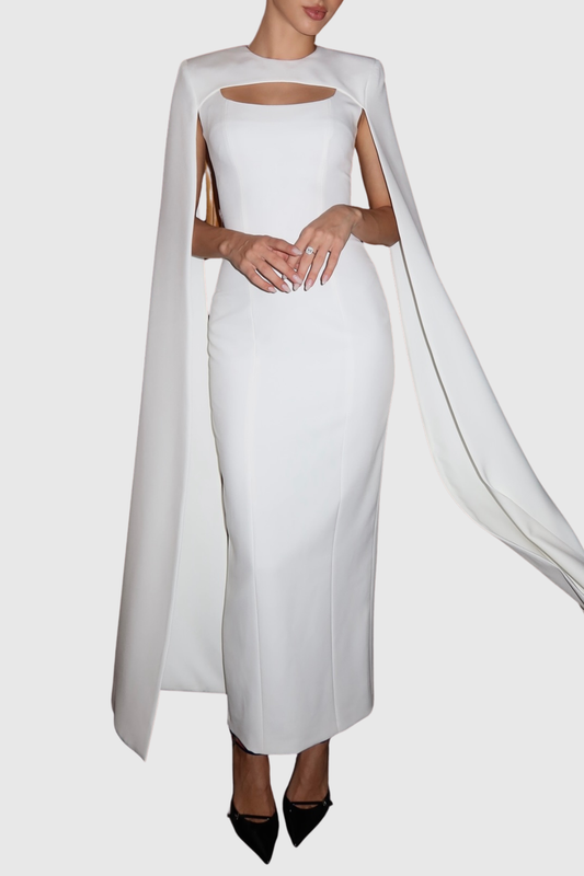 Noel Long Sleeve Cape Maxi Dress - White