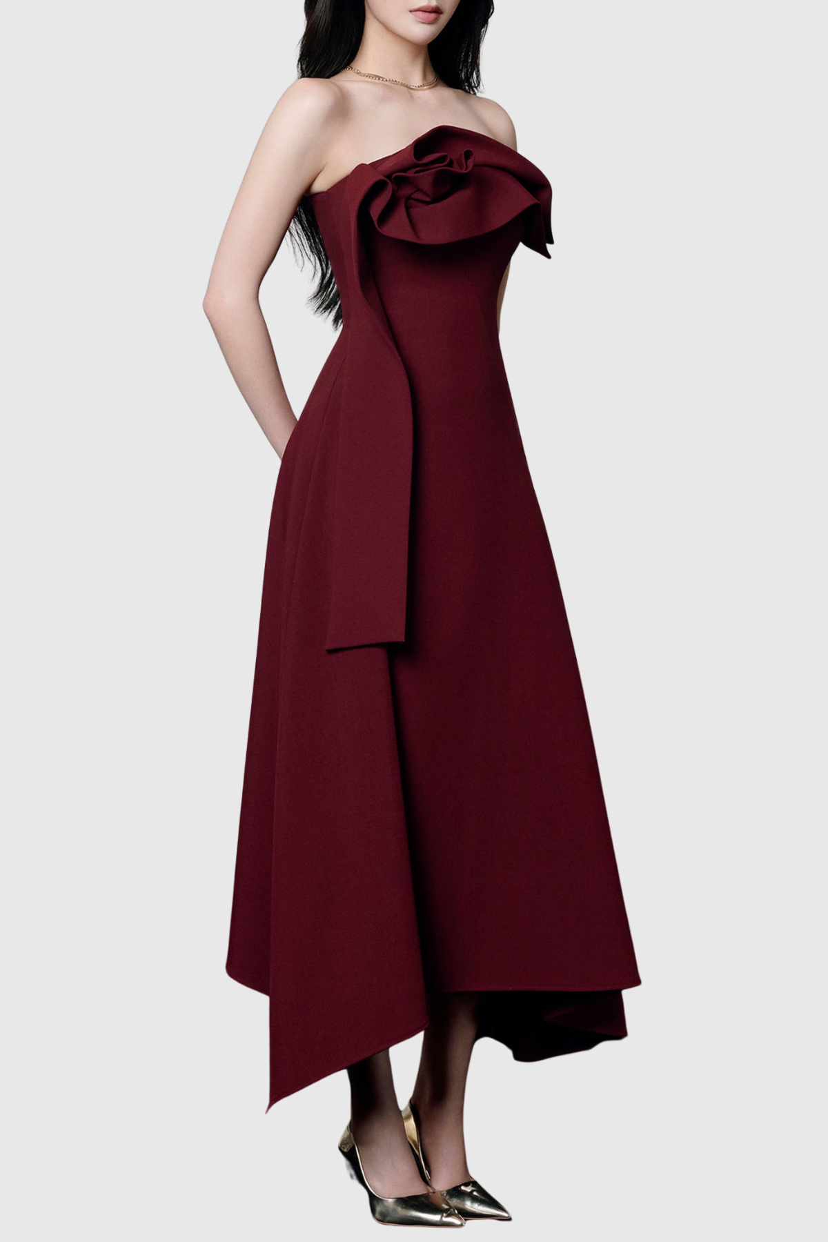 Novak Floral Strapless Ruffle Midi Dress