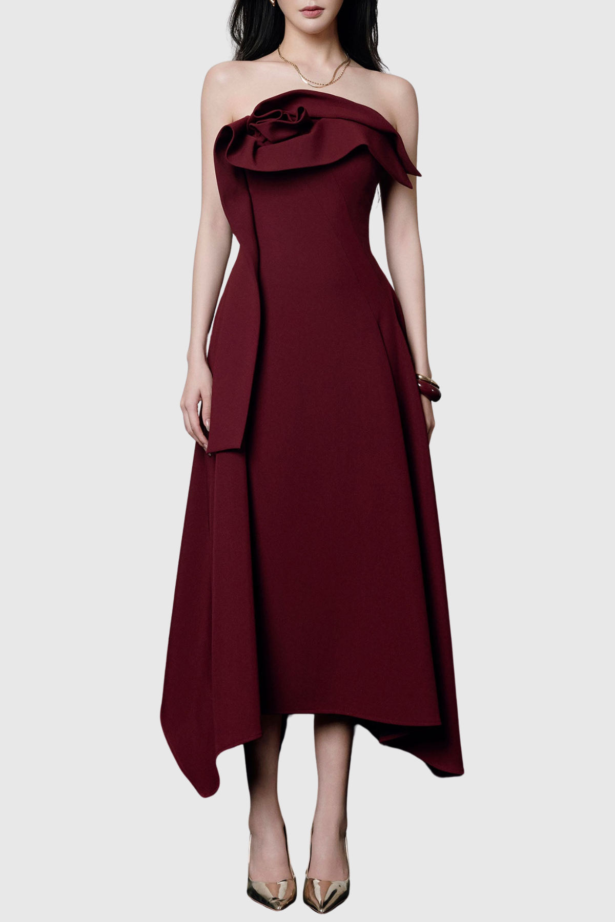 Novak Floral Strapless Ruffle Midi Dress