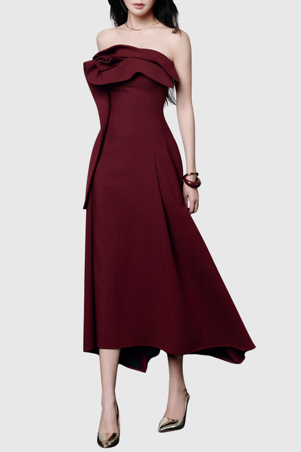 Novak Floral Strapless Ruffle Midi Dress