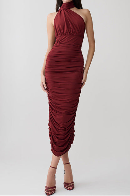 Burgundy Ruched Halter Midi Dress Premium Fabric - product view 1