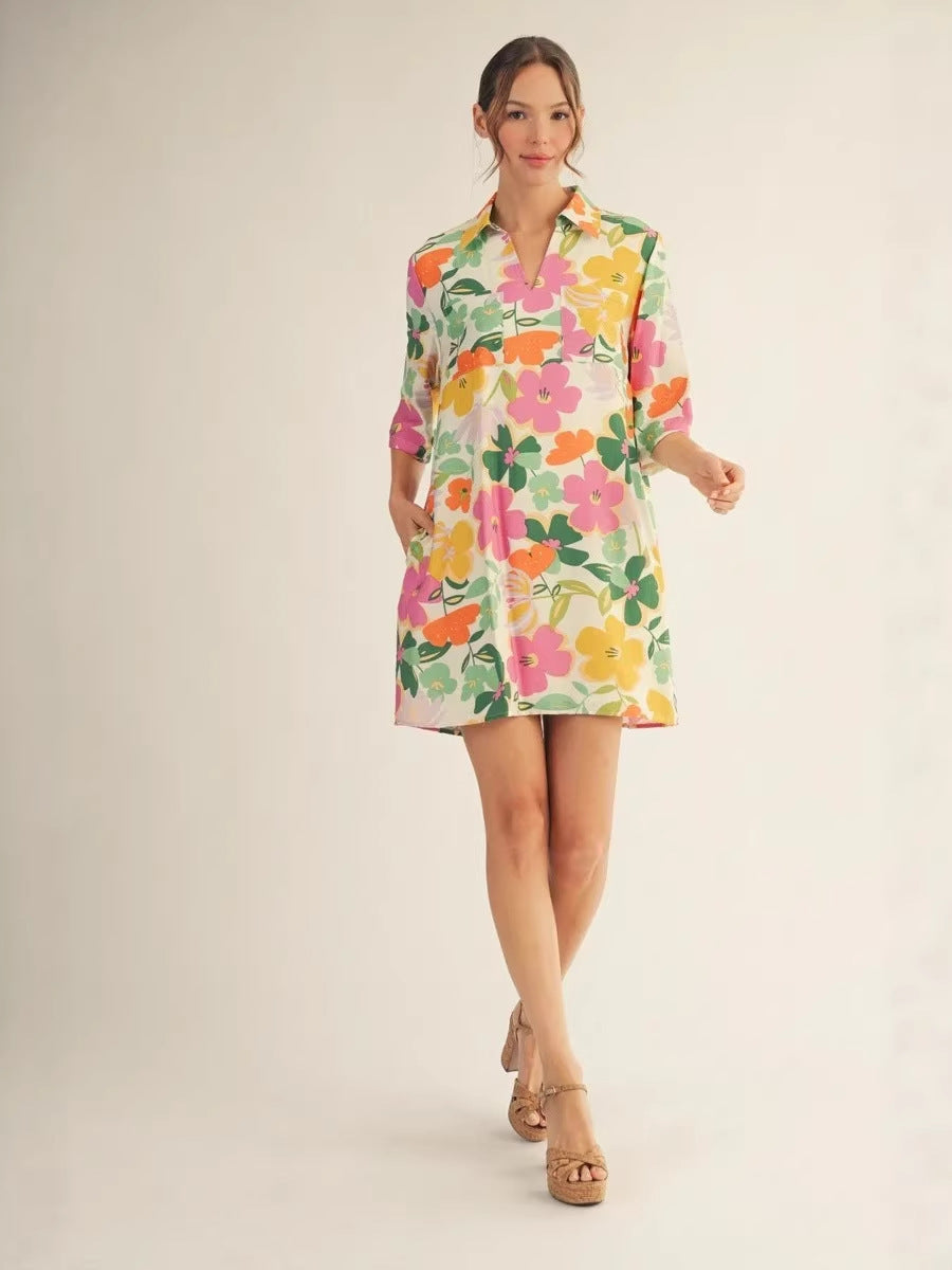 Floral Print Mid-Sleeve mini Dress