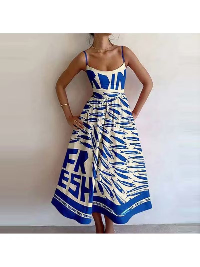 Marine life print sleeveless camisole midi dress