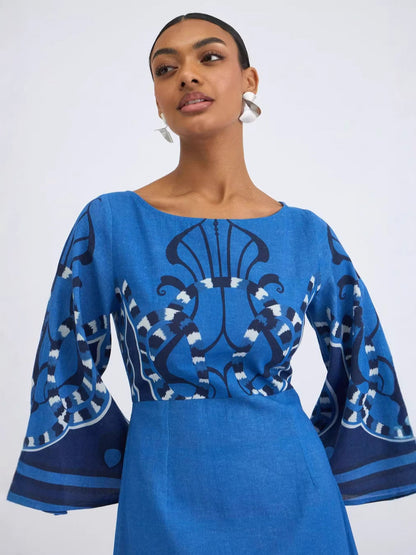 Printed Flare Sleeve midi dress - blue