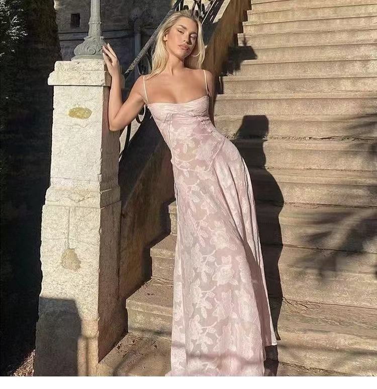 Sheer Jacquard Maxi Dress in Pink