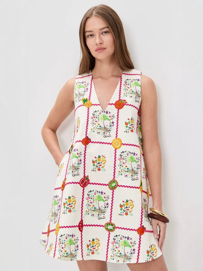 sleeveless V-neck digital print mini dress - white