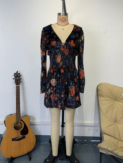 Floral print V-neck velvet mini dress