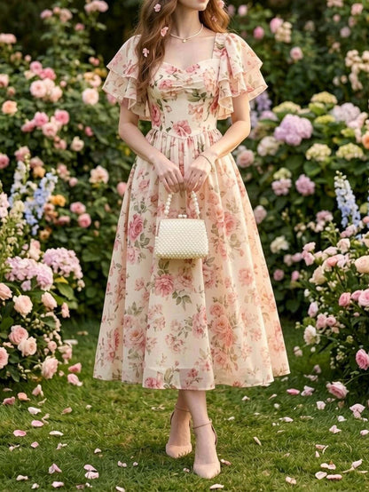 Square neck puff sleeve floral print midi dress