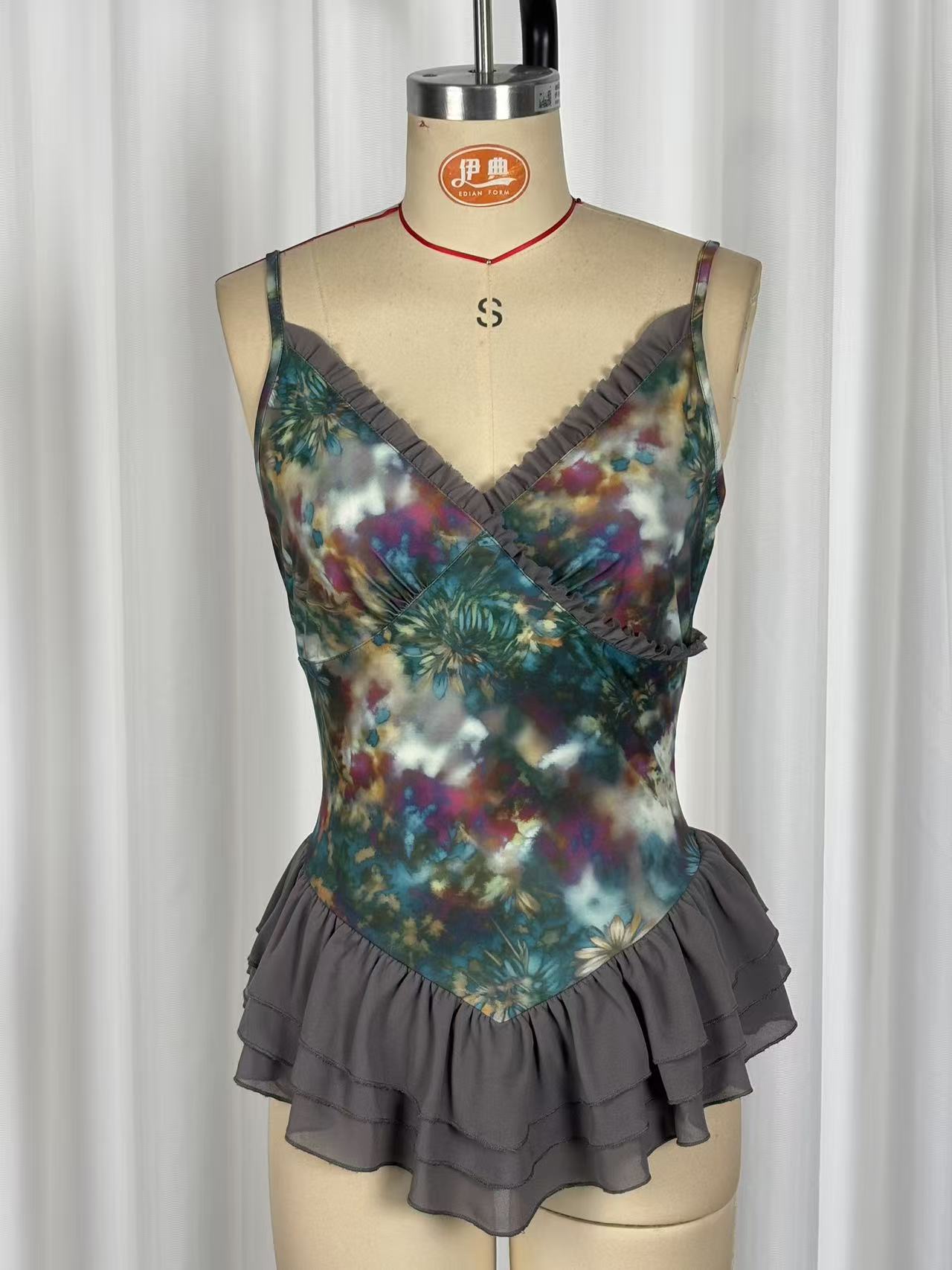 Ruffled mesh V-neck camisole