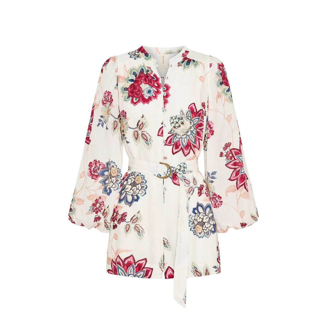 V-neck floral print lantern sleeve jumpsuit - white