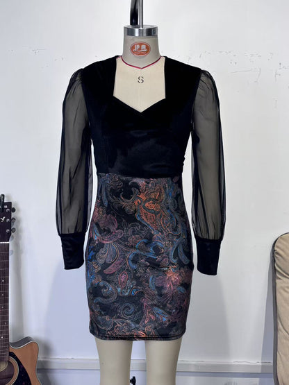 Sheer mesh patchwork bodycon mini dress - black