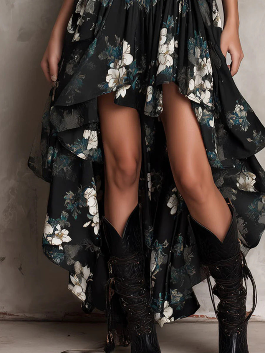 black Printed halter midi dress with irregular wave hem
