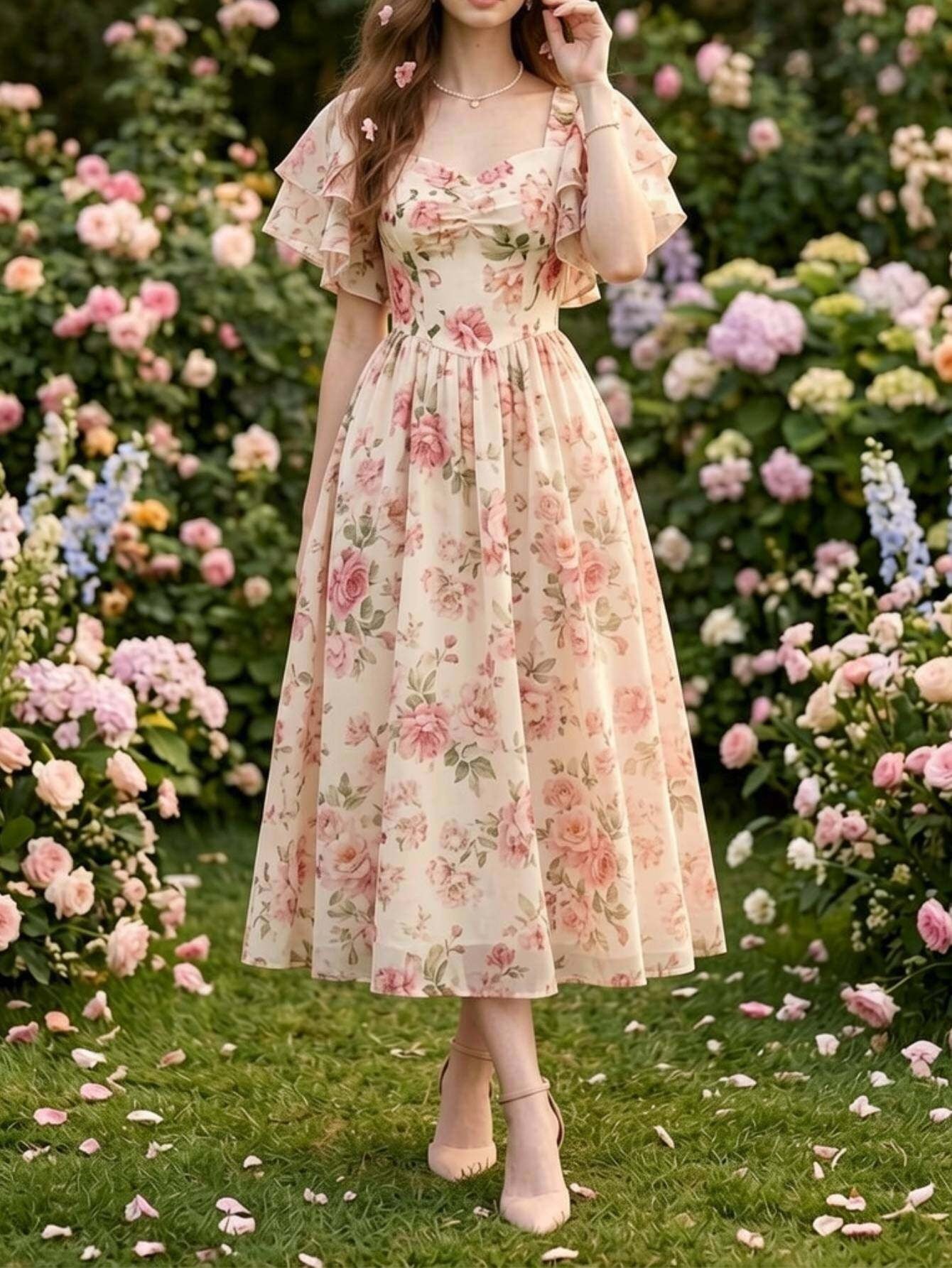 Square neck puff sleeve floral print midi dress