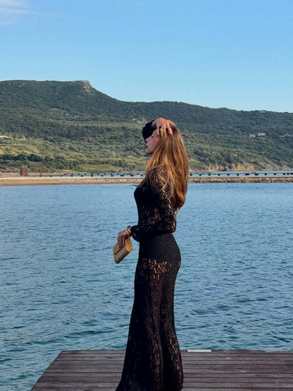 Black Lace Long-Sleeve Maxi Dress Premium Fabric - product view 1