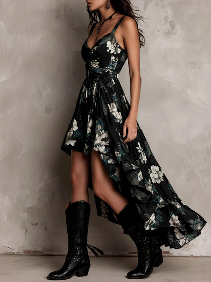 black Printed halter midi dress with irregular wave hem