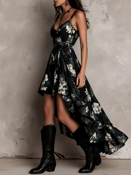 black Printed halter midi dress with irregular wave hem
