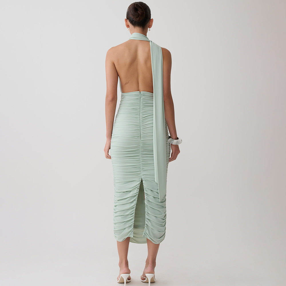 Mint Green Ruched Halter Midi Dress with Open Back Premium Fabric - product view 1