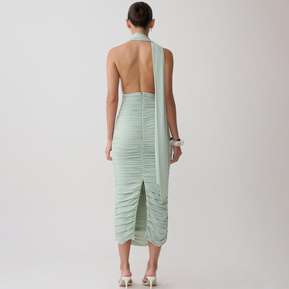 Mint Green Ruched Halter Midi Dress with Open Back Premium Fabric - product view 1