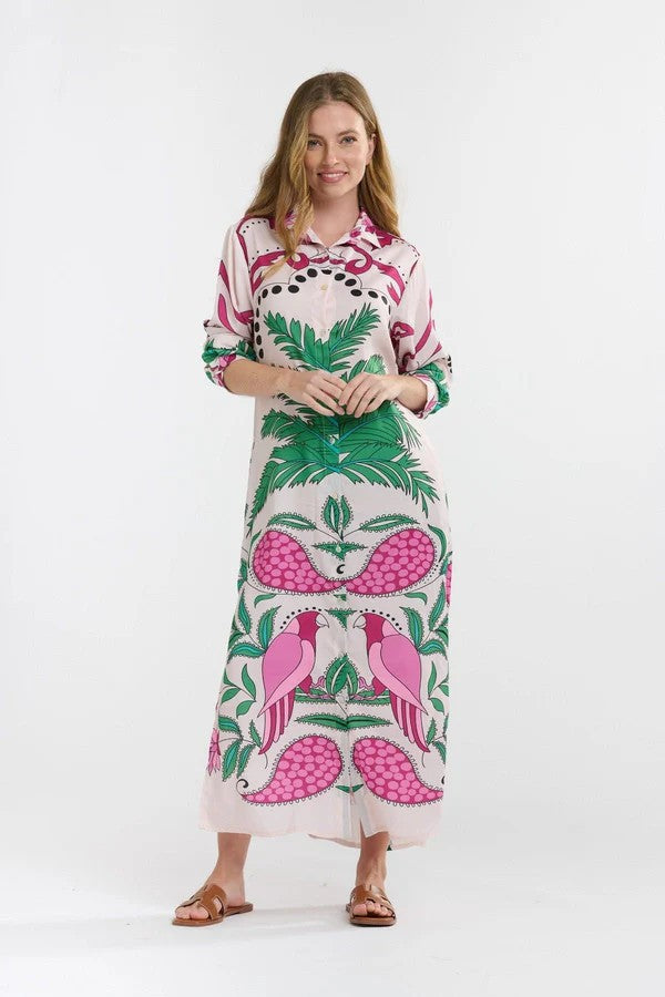 Parrot Palm Print Loose Shirt maxi Dress