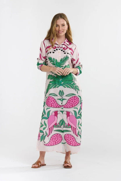 Parrot Palm Print Loose Shirt maxi Dress
