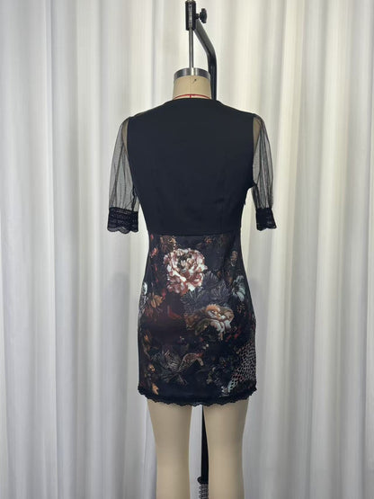 Lace mesh patchwork V-neck printed bodycon mini dress