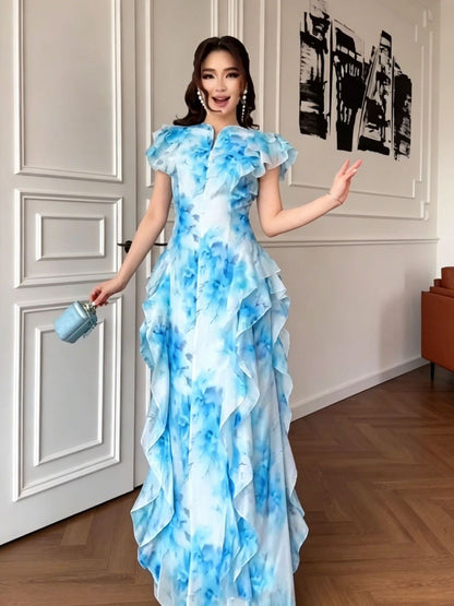 Floral print flutter sleeves fishtail maxi dress - Pink / Blue / Yellow