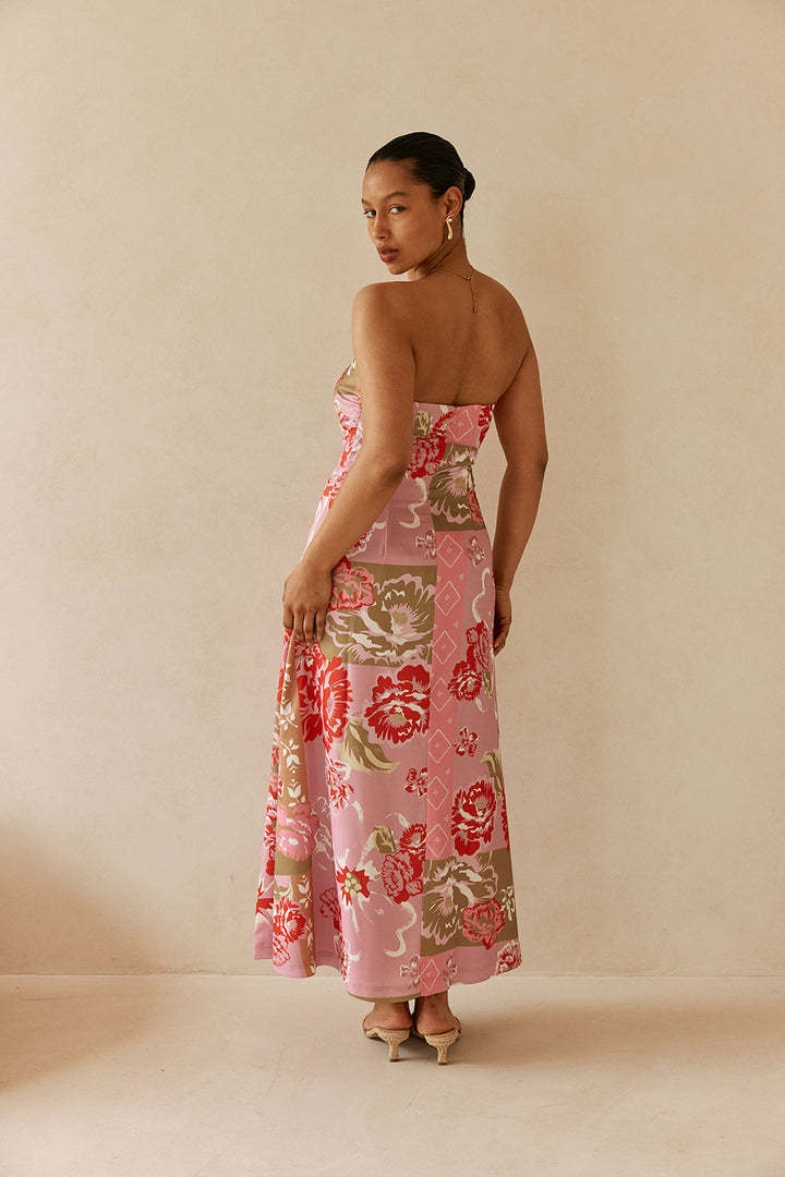 off shoulder floral print linen midi dress