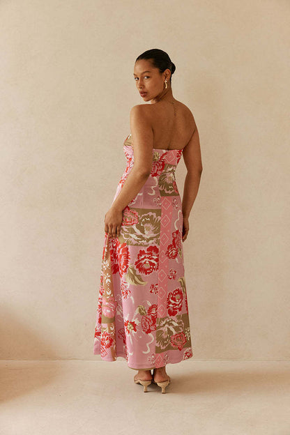 off shoulder floral print linen midi dress