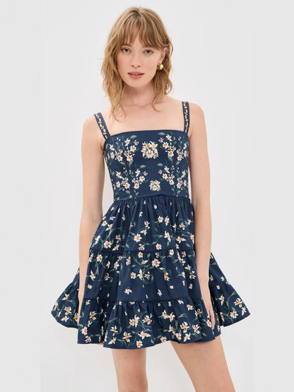 strapless backless floral print layered mini dress