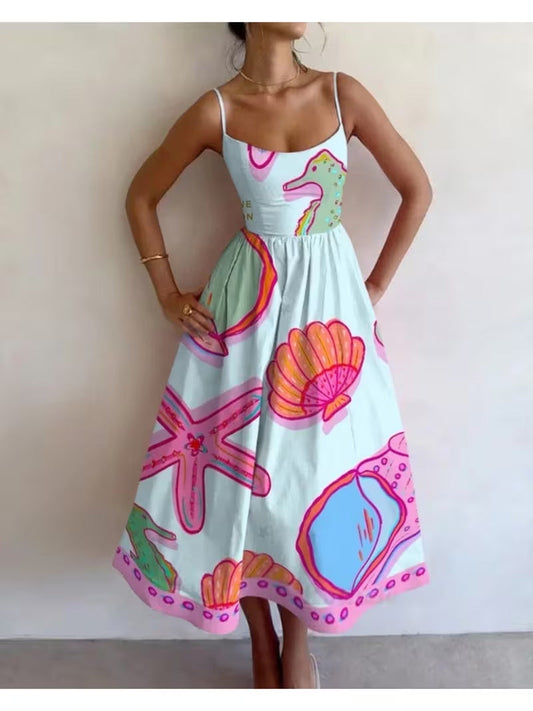 Marine life print sleeveless camisole midi dress