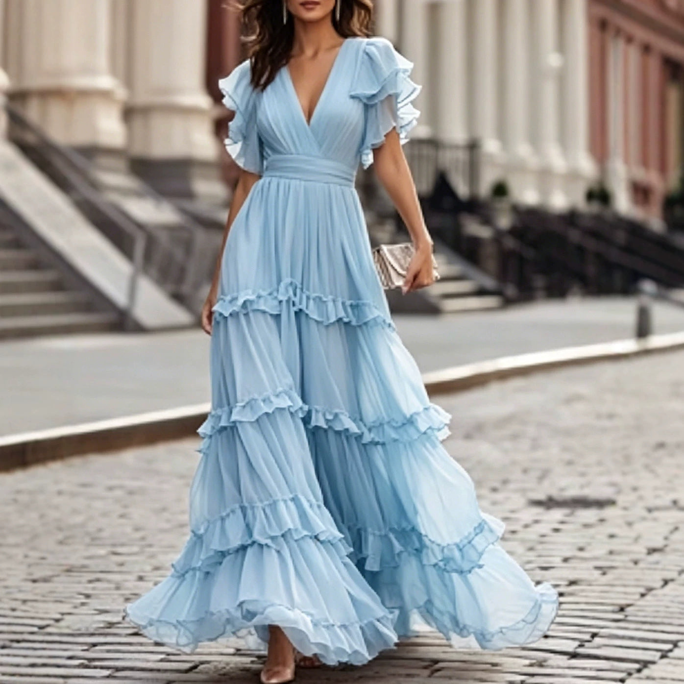 V-neck double-layered ruffled maxi dress