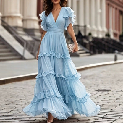 V-neck double-layered ruffled maxi dress
