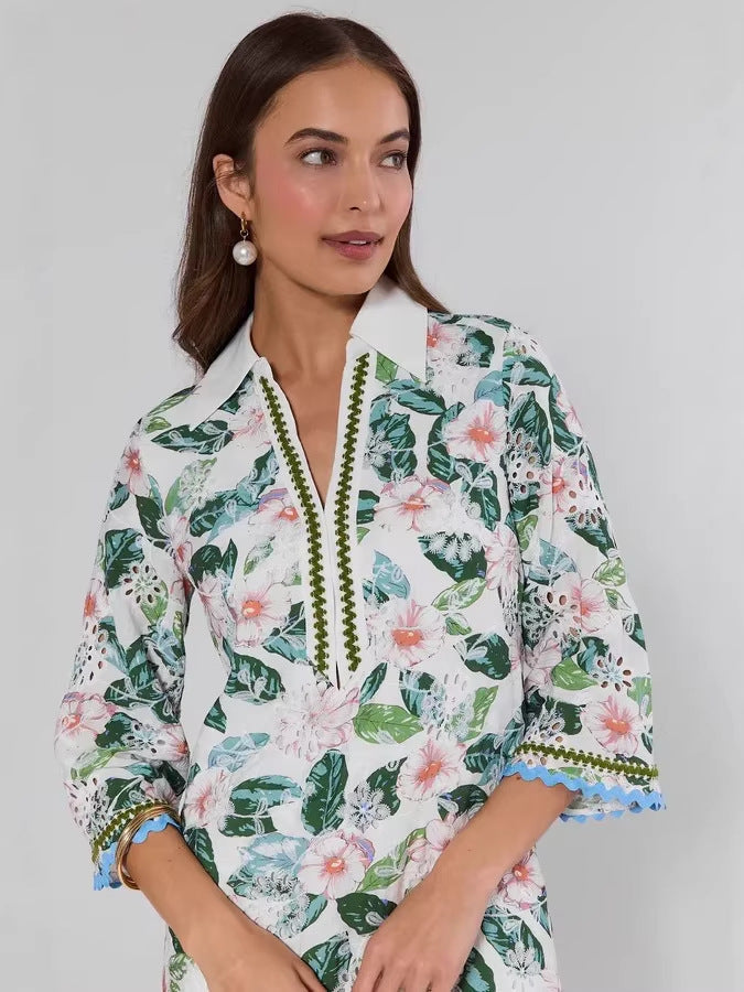 V-neck Lace Floral print mini Dress
