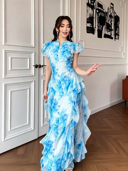 Floral print flutter sleeves fishtail maxi dress - Pink / Blue / Yellow
