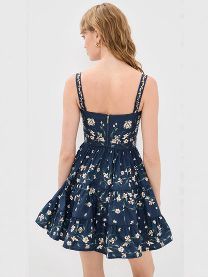 strapless backless floral print layered mini dress