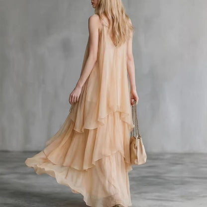 Flowy layered sleeveless slip tulle midi dress