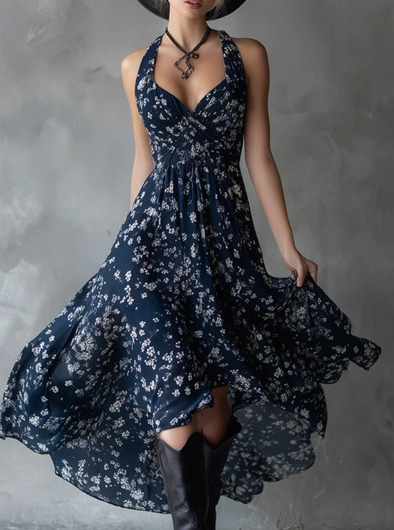 Off-shoulder halter floral print maxi dress