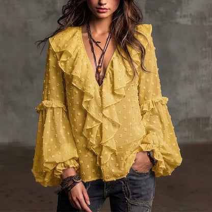 Polka dot print ruffle shirt - yellow
