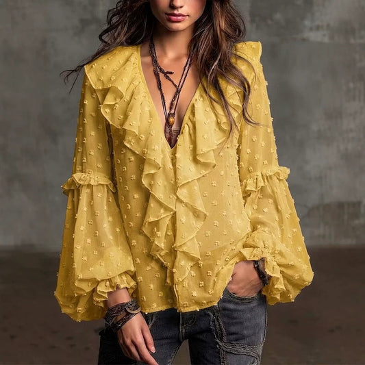 Polka dot print ruffle shirt - yellow