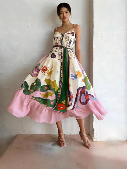 Printed camisole full-sweep maxi dress with ruffled