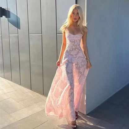 Sheer Jacquard Maxi Dress in Pink