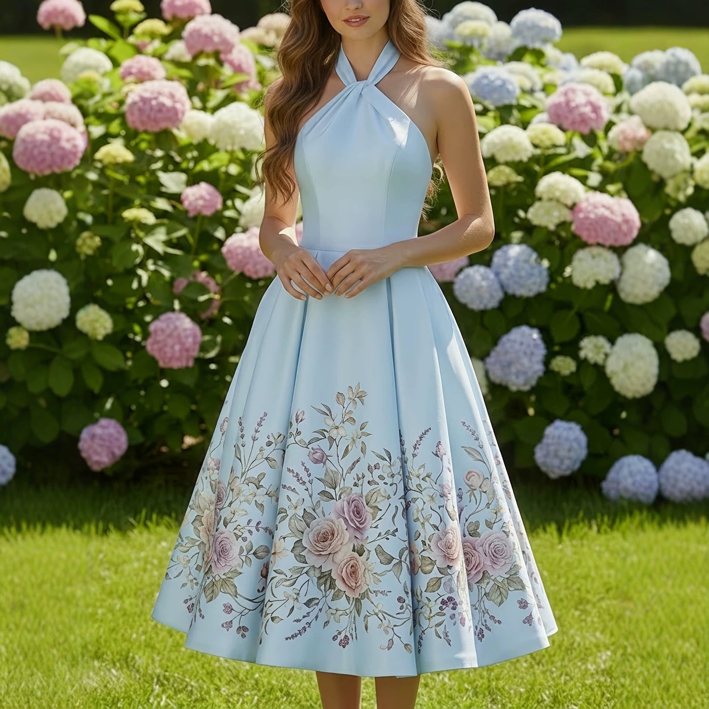 vivien Halter-neck floral print midi dress