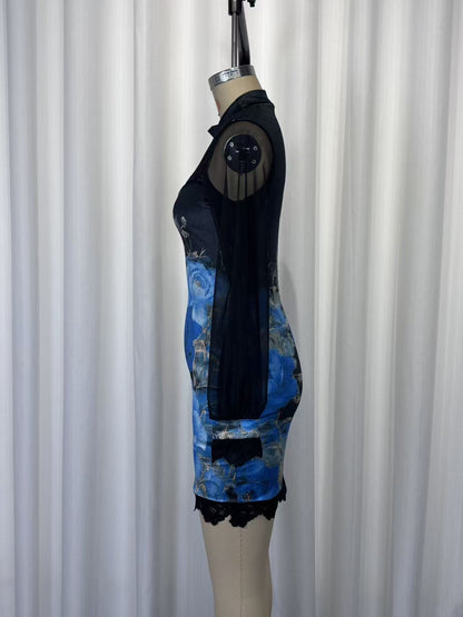 Lace trim and printed mesh bodycon mini dress