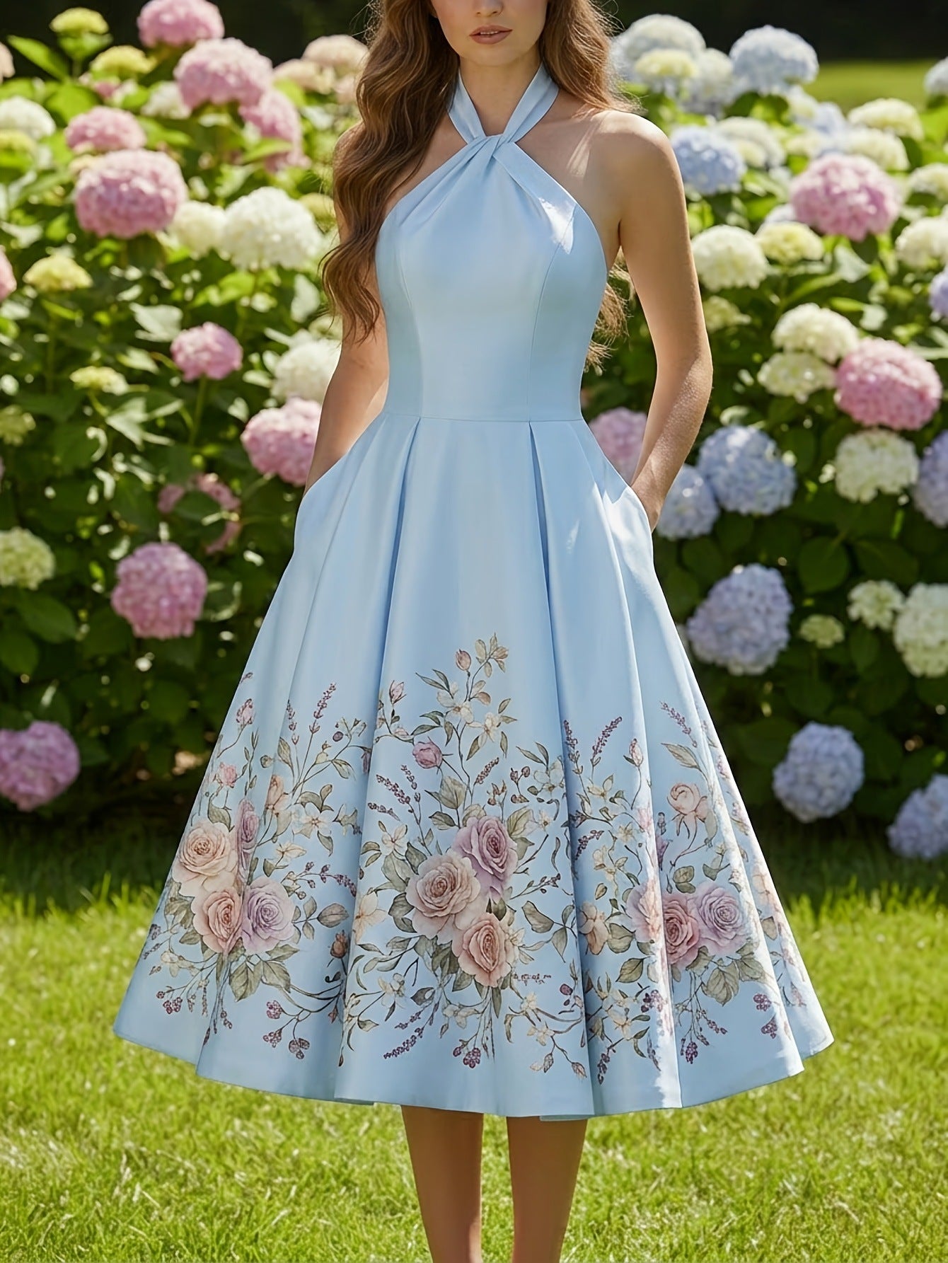 vivien Halter-neck floral print midi dress