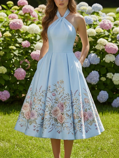 vivien Halter-neck floral print midi dress