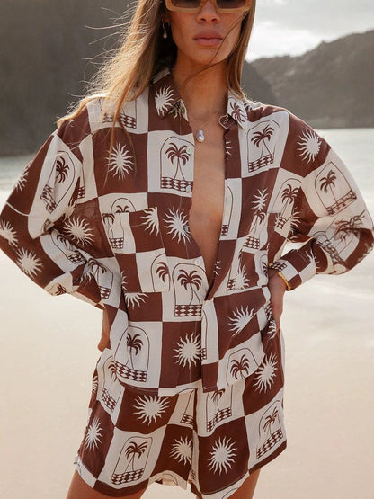 Patterned long-sleeve cardigan & shorts set - brown