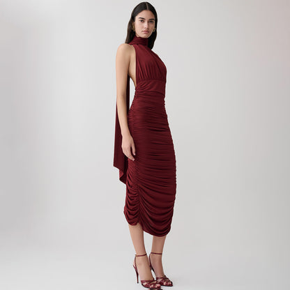 Burgundy Ruched Halter Midi Dress Premium Fabric - product view 4