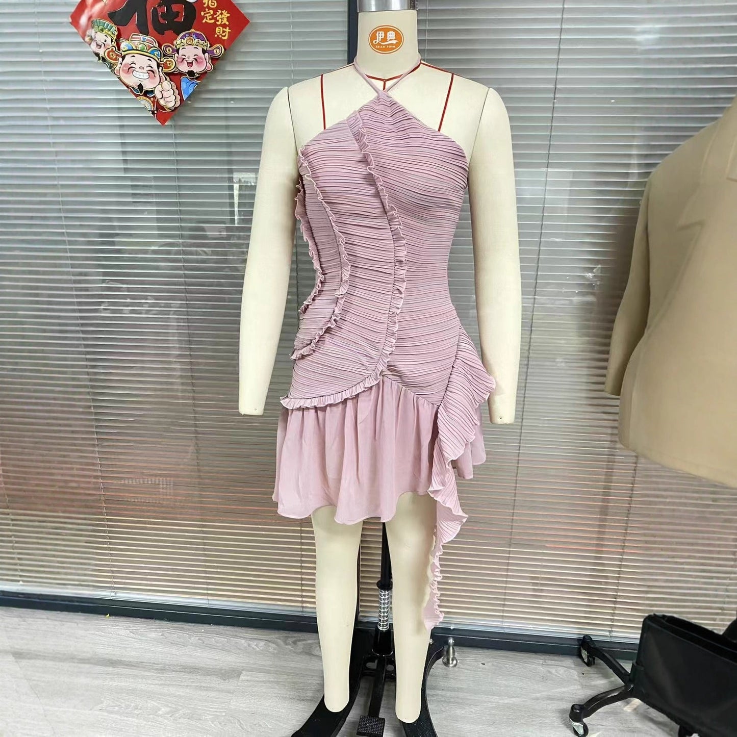 Uexor Halterneck Pleated Ruffle Mini Dress