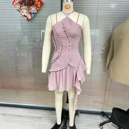 Uexor Halterneck Pleated Ruffle Mini Dress