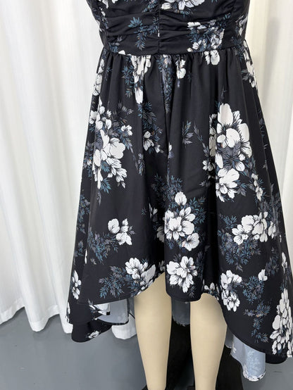 black Printed halter midi dress with irregular wave hem